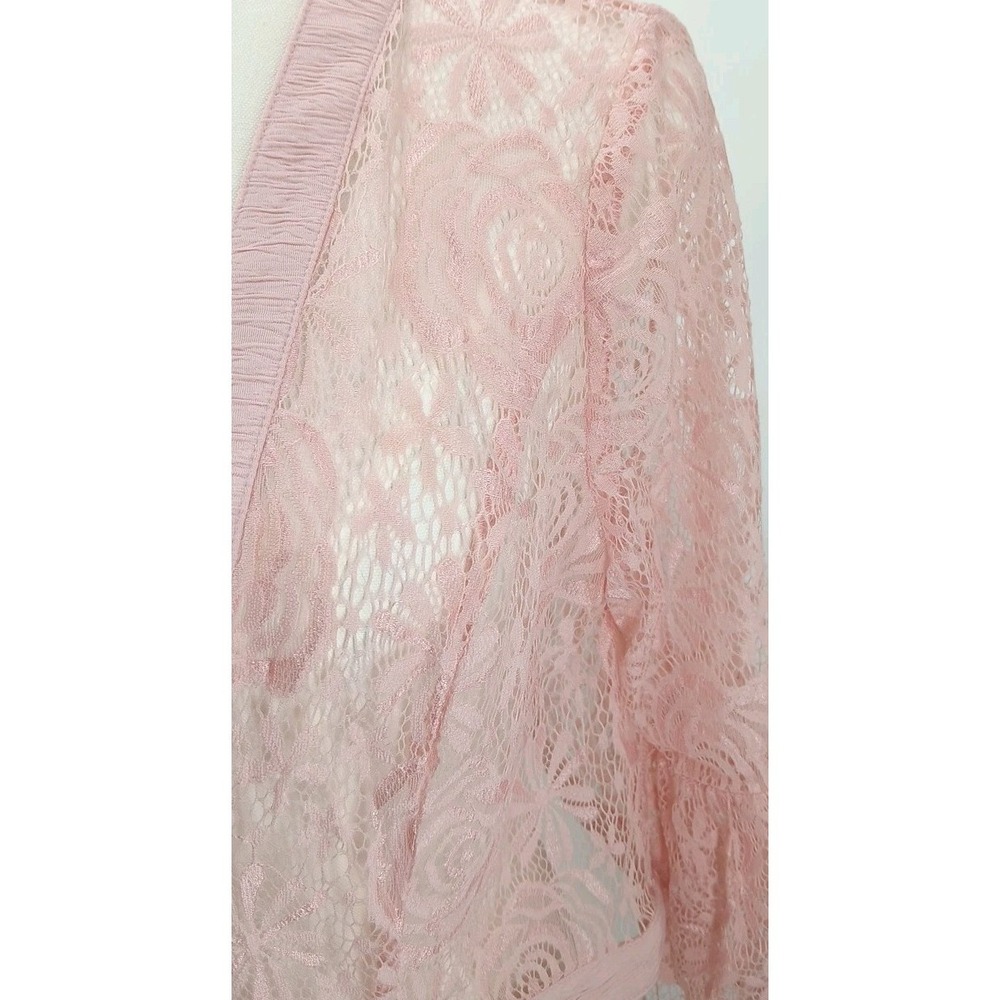 Pink Floral Rose Lace Ruffle Flared Sleeve Cardigan Tagless Size Med Valentines - Picture 2 of 7